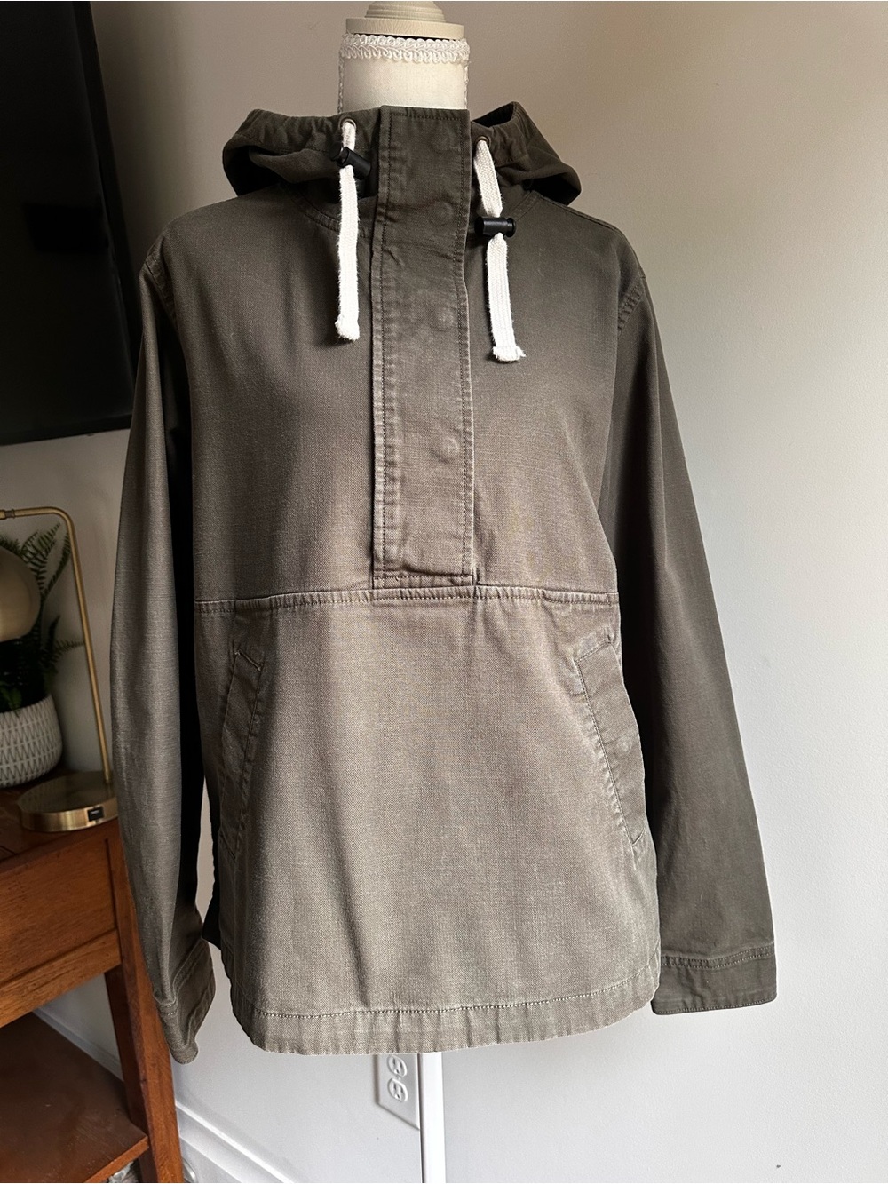 The North Face Womens Canvas Anorak Hoodie Jacket Medium Olive Pullover Utility